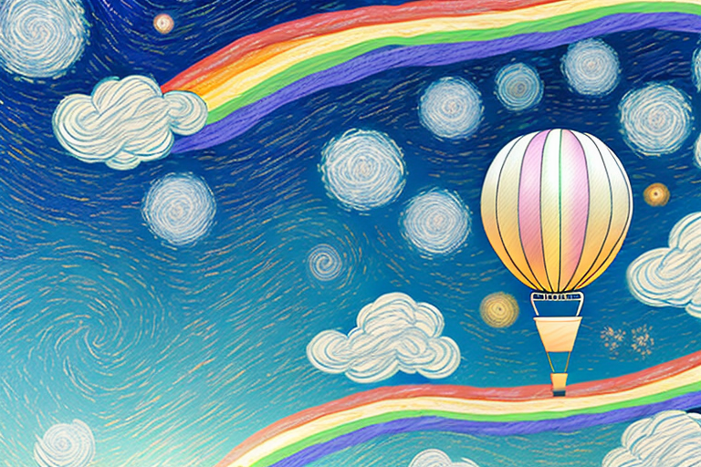 A starry night sky with a rainbow-colored hot air balloon in the center