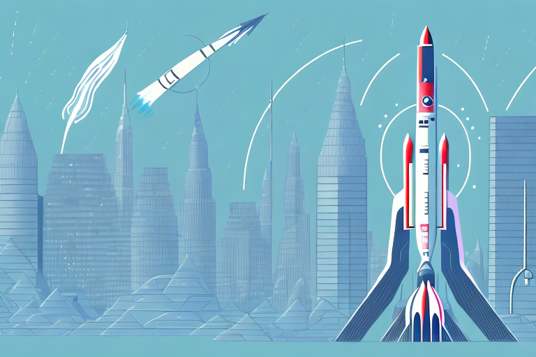 A futuristic cityscape with a rocket taking off in the background