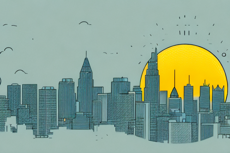 A city skyline with a bright yellow sun setting behind it