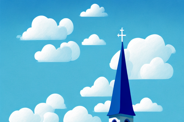 A church steeple with a bright blue sky and white clouds in the background