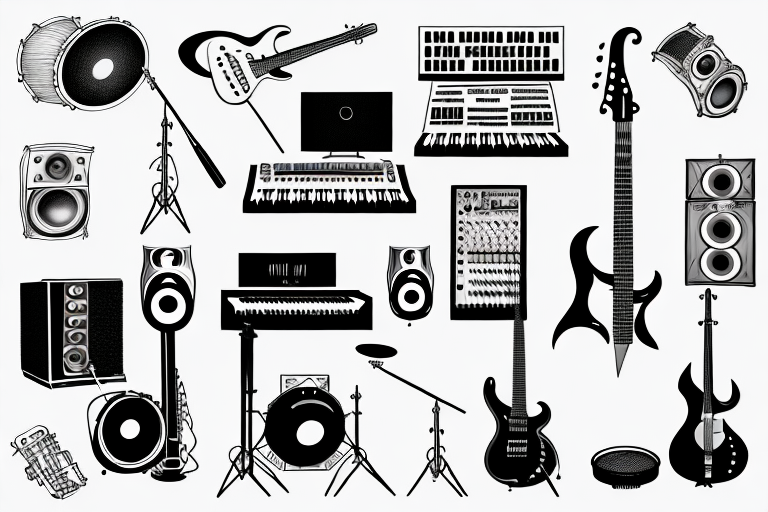 A music studio with a variety of instruments and equipment